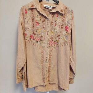 Vintage 2X Embroidered Floral Button Down Shirt Lagenlook Art to Wear